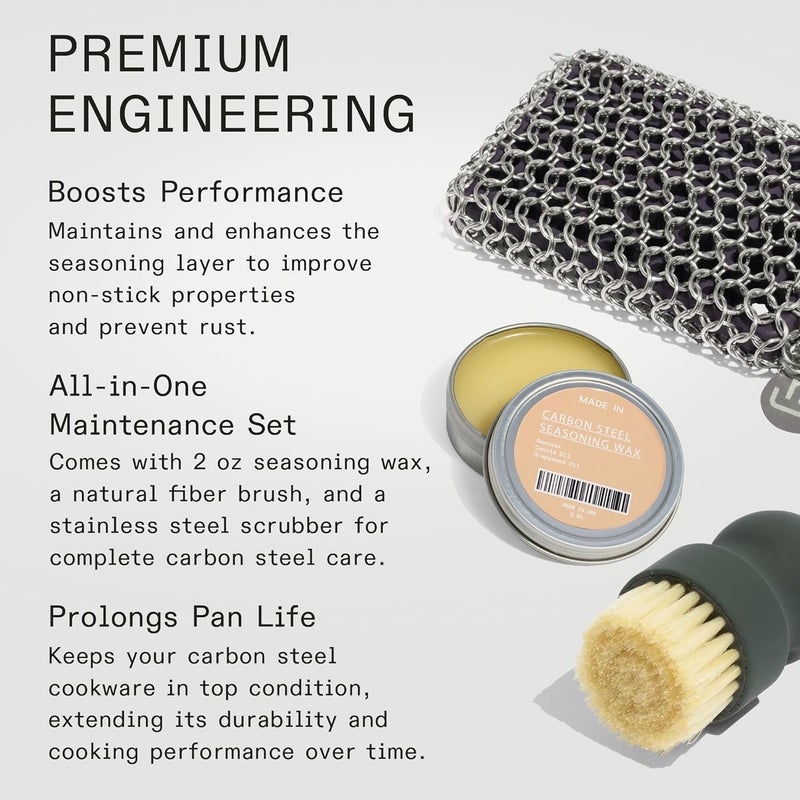 Madein Cookware - 3-Piece Carbon Steel Cleaning Set - Includes Chain Mail Scrubber, Cleaning Brush and Carbon Steel Seasoning Wax - Image 2